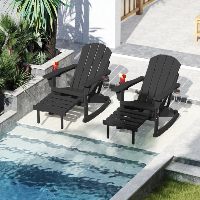 4-in-1 Multifunctional Folding Adirondack Rocking Chair with Retractable Ottoman(Set Of 2), Black