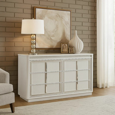 Canaal Wide Dresser, 6 Drawer, White Solid Wood, 64 Inch, LED Light