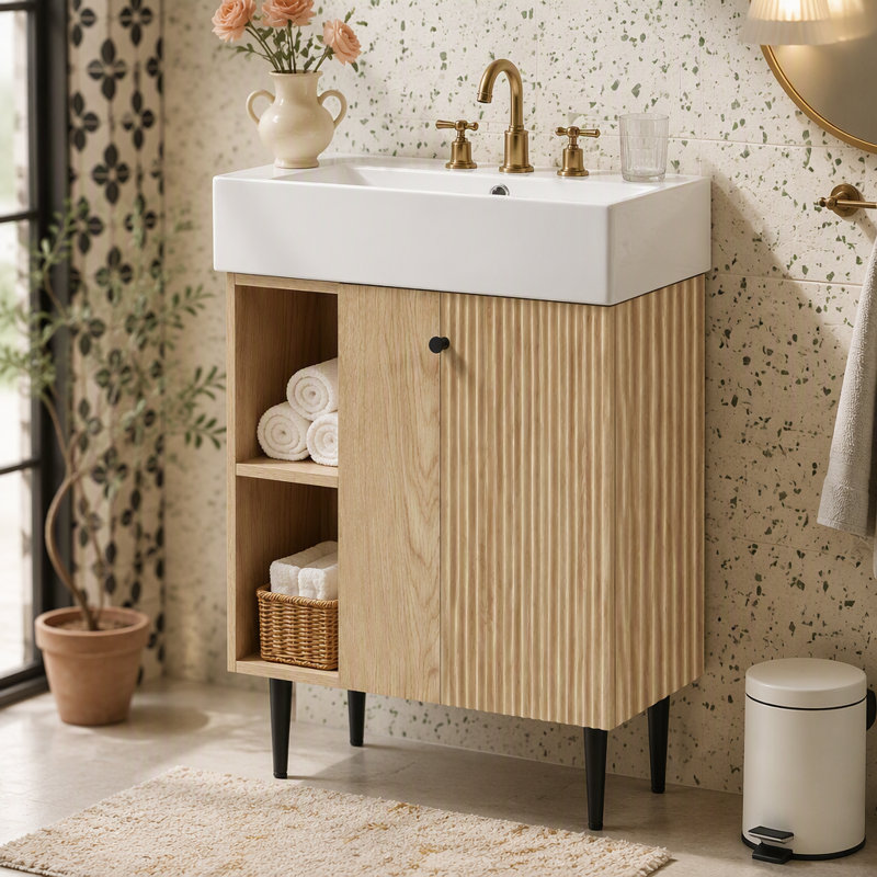 Meuble-lavabo en bois 21,6 po, armoire combinée, meuble de rangement pour salle de bain, lavabo simple en céramique, rangement à gauche