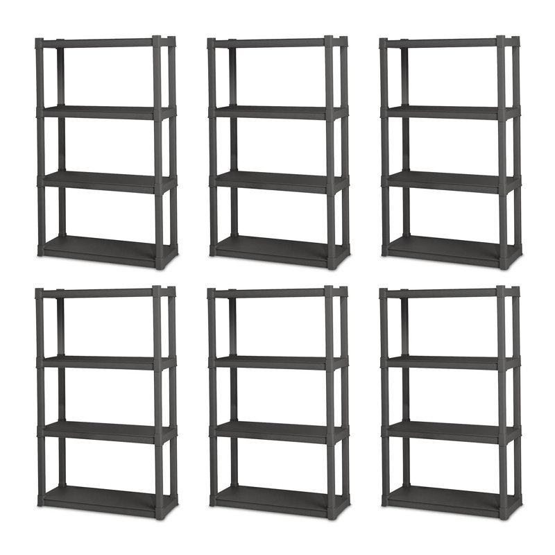 Flat Gray 4-Shelf Durable Plastic Storage Unit, 6 Pack