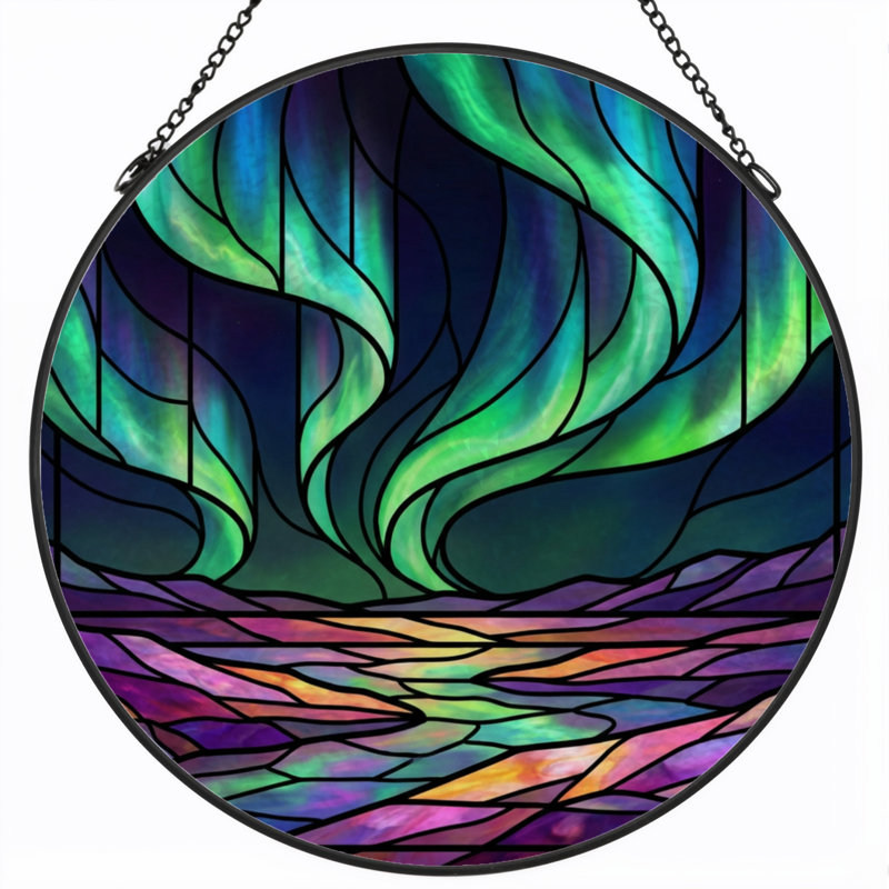 7.8"H Aurora Waves Stained Glass Window Panel, 7.8" H x 7.8" W