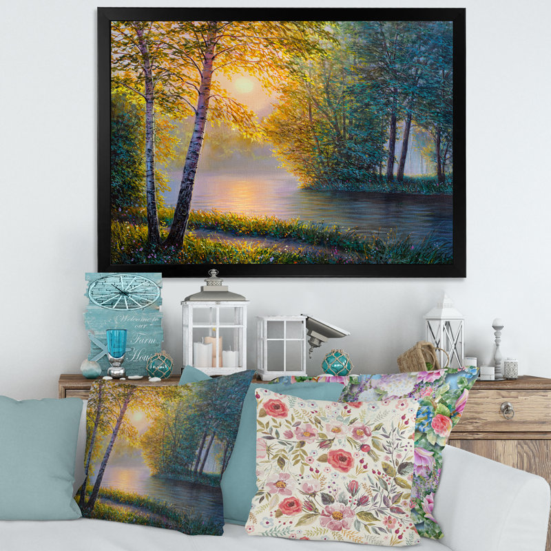 «Morning Summer With Beautiful River Spring Forest», peinture sur toile, H 24 po x l 32 po x P 1 po, Cadre noir