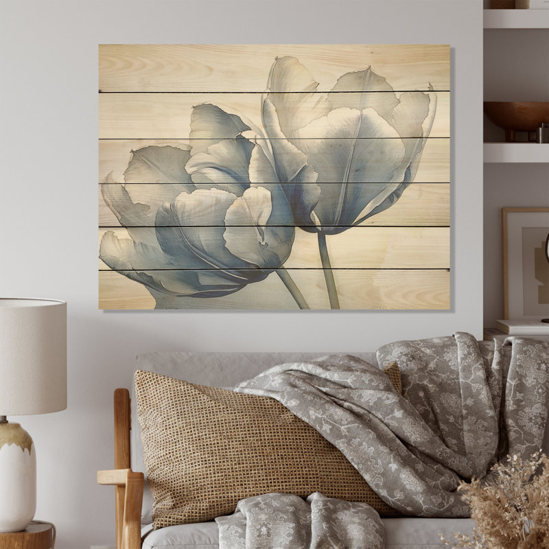 Superbe art mural sur bois de pin naturel saphir - tulipes, H 10 po x l 20 po