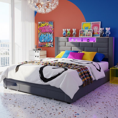 EU Sizes Upholstered Storage Bed With 3 Drawers, Velvet Bed Frame With Dual USB Ports & LED Headboard, Grey Velvet