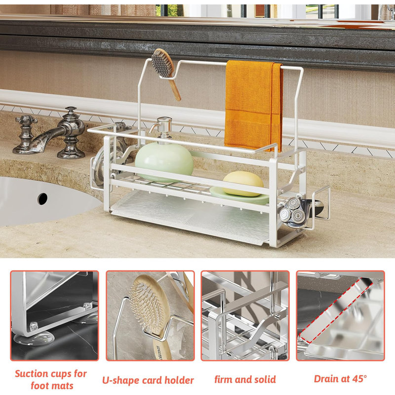 Porte-éponge en acier inoxydable pour évier de cuisine, organisateur de bac d'évier antirouille 304 avec drainage automatique, conception peu encombrante pour éponges, distributeur de savon, brosse et serviette (argent)