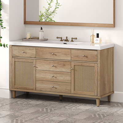 Meuble-lavabo de salle de bain avec lavabo SMC, grande armoire de rangement moderne avec tiroirs à fermeture en douceur et portes en rotin
