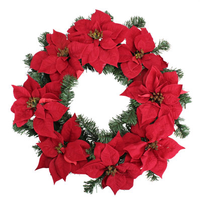 Pre-Lit Poinsettia Artificial Christmas Wreath - 24-Inch Clear LED Lights
