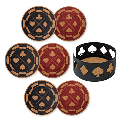 Cork Round 6 Piece Coaster Set With Holder