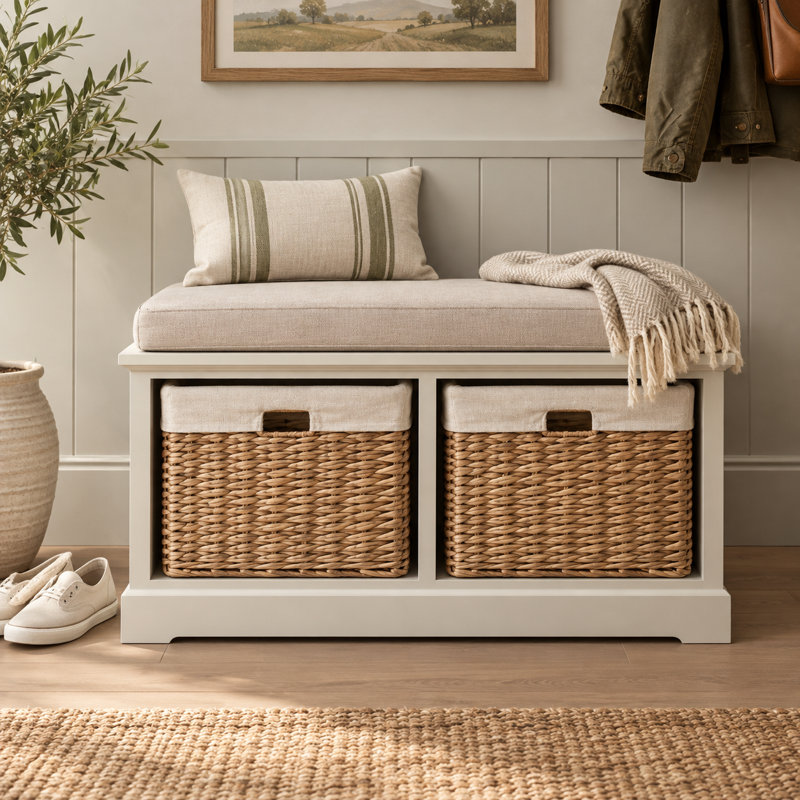 Hudson Oaks Entryway Bench with Baskets, 2 baskets, White