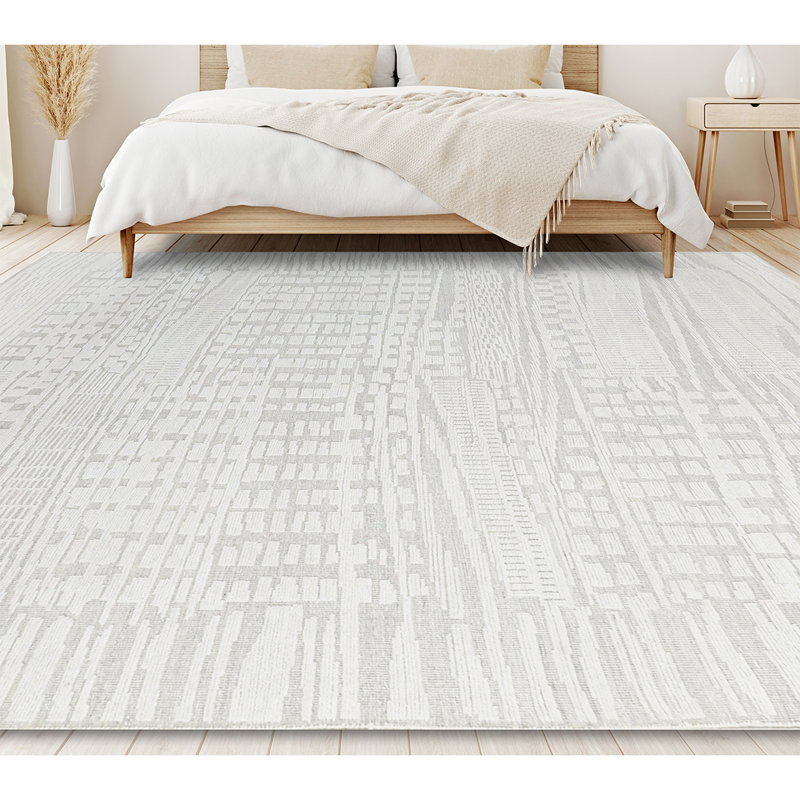 Wool Moroccan Area Rug in White, Rectangle 5' x 8'