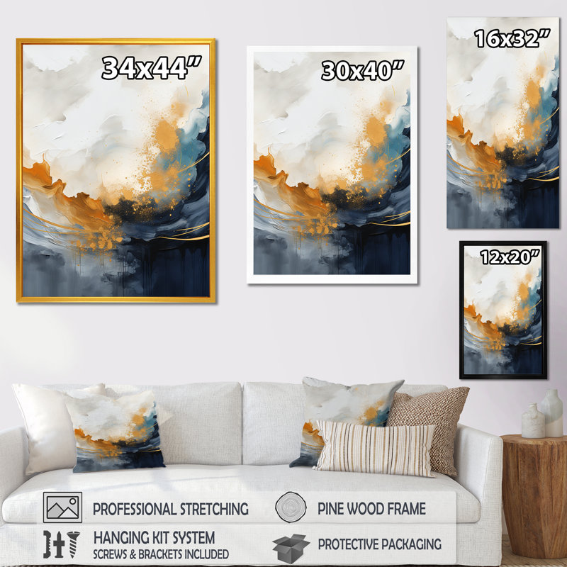 «Blue and Yellow Fluid Harmony», peinture d'art abstrait II, Cadre simple noir, H 40 po x l 30 po x P 1,5 po
