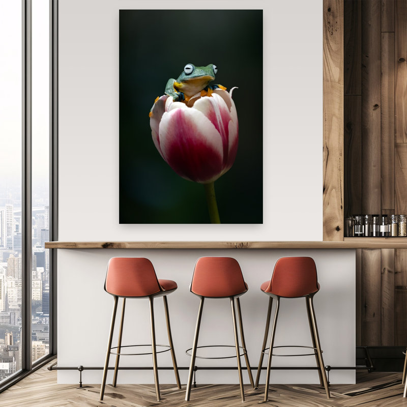 Curious Frog On Tulip Frog Tulip Flower Wall Art Print 1 Piece Wrapped Canvas Wall Art, 152.4cm H x 101.6cm W