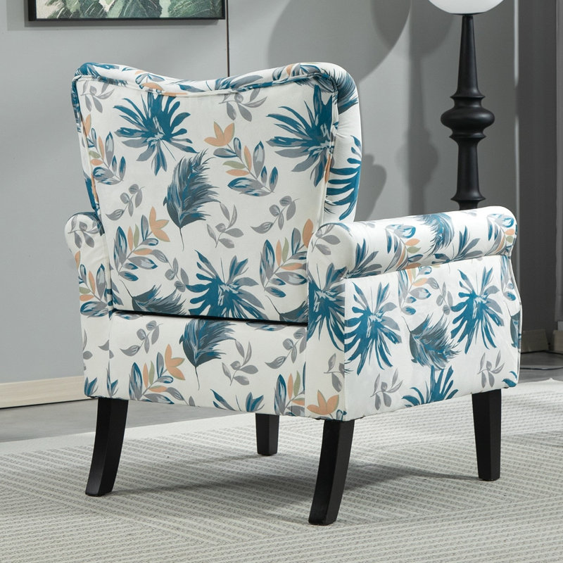 Fauteuil rembourré moderne avec pieds en bois et dossier à oreilles, Polyester bleu