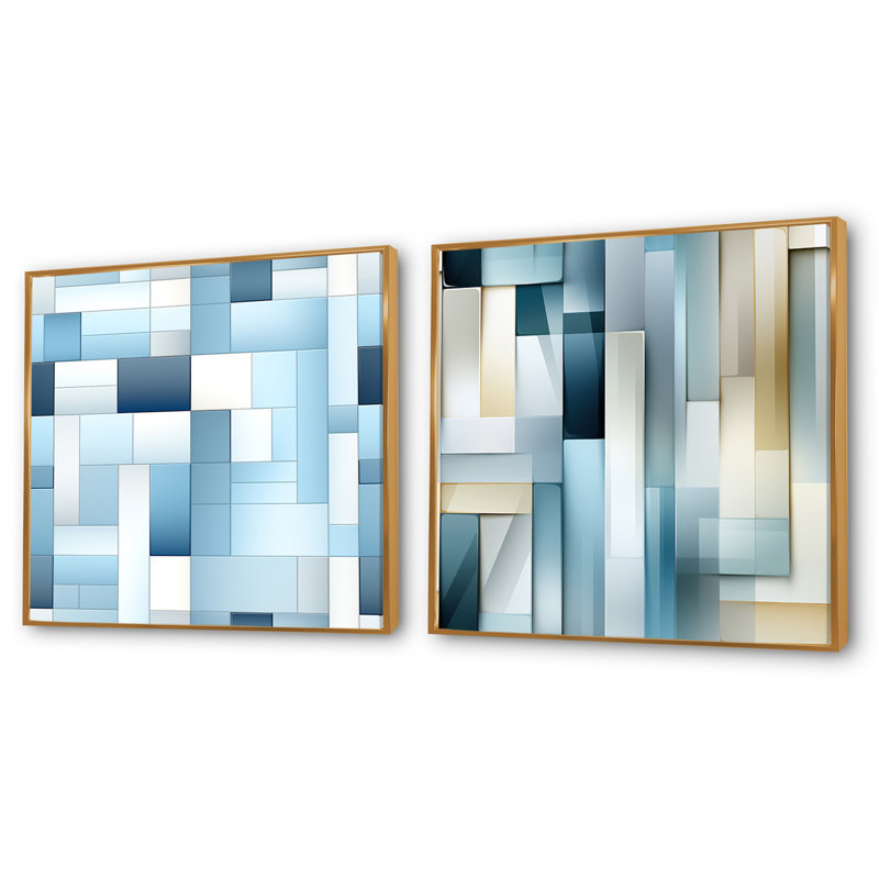 Clennon - Ensemble de 2 collages de formes carrées abstraites, H 16 po x l 33 po, Cadre flottant doré