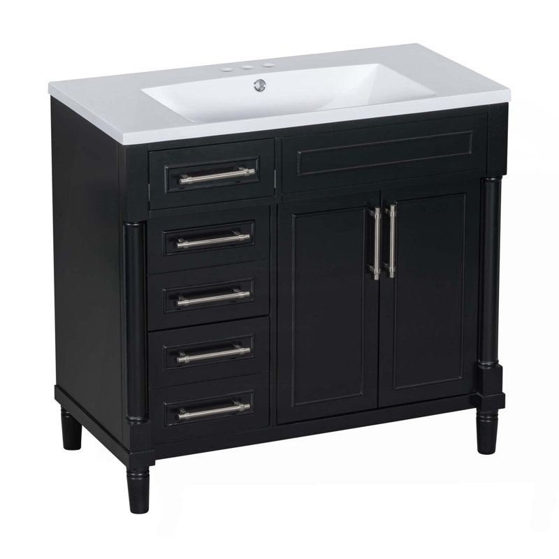 Meuble-lavabo de 36 po avec lavabo en résine supérieur, armoire de rangement autoportante avec 2 tiroirs et tiroir basculant, ensemble de meuble-lavabo avec cadre en bois massif, tablette à hauteur réglable