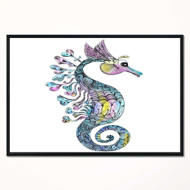 Hippocampe coloré aquarelle - art mural animal, Cadre noir, H 16 po x l 32 po x p 1 po
