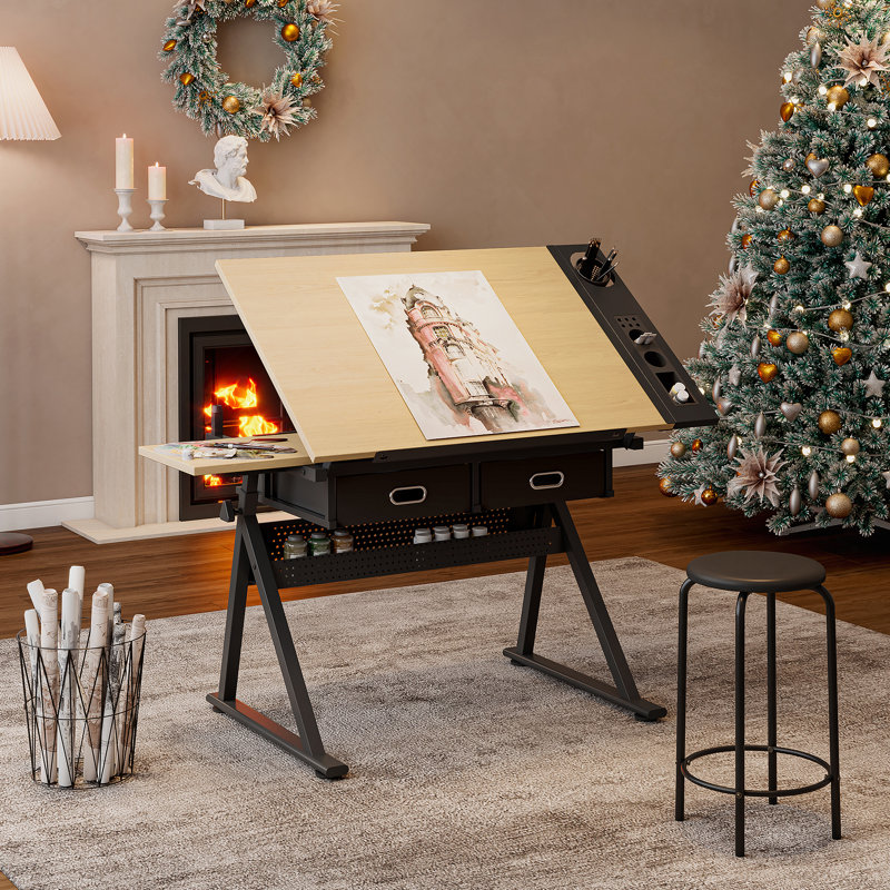 Bureau de dessin réglable avec tabouret et 2 tiroirs pour le bureau personnel, Érable / noir