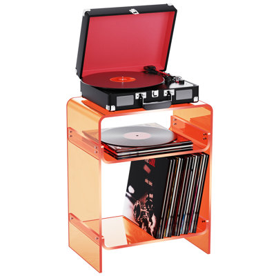 Acrylic Record Player Table with Storage Shelf, Clear Side Table Nightstand