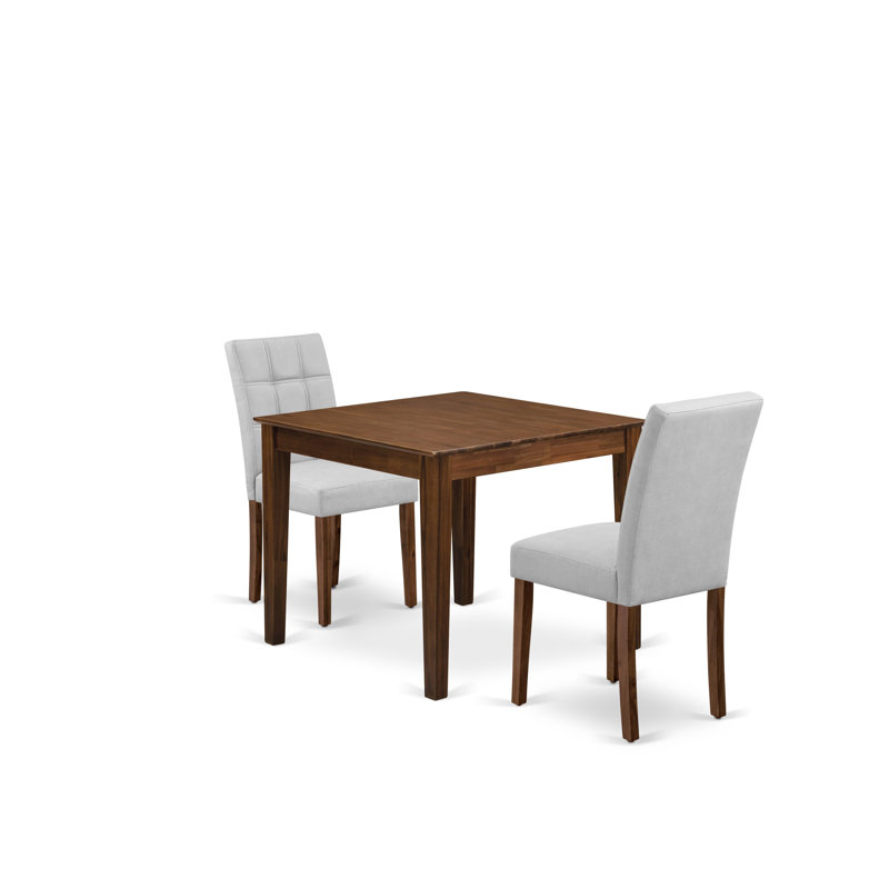3 Piece Dining Room Table Set consists A Wooden Table and 2 Light Gray Faux Leather Parson Dining Chairs, Antique Walnut