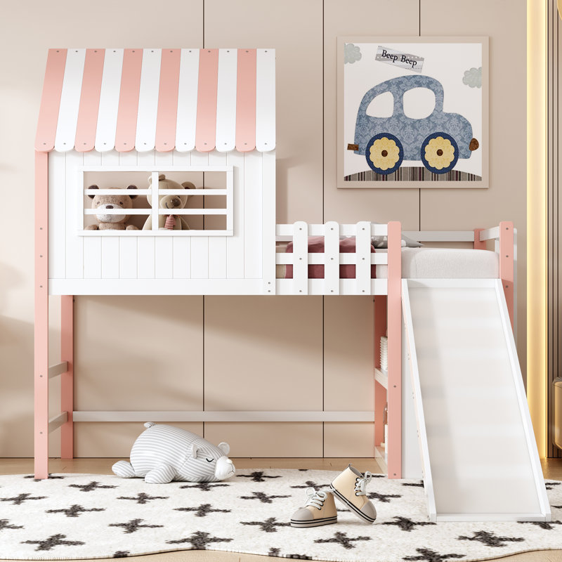 European Single (90 X 200 Cm) High Sleepers Bed Frame with Storage Included with Built-in Ladder Included, Pink/White