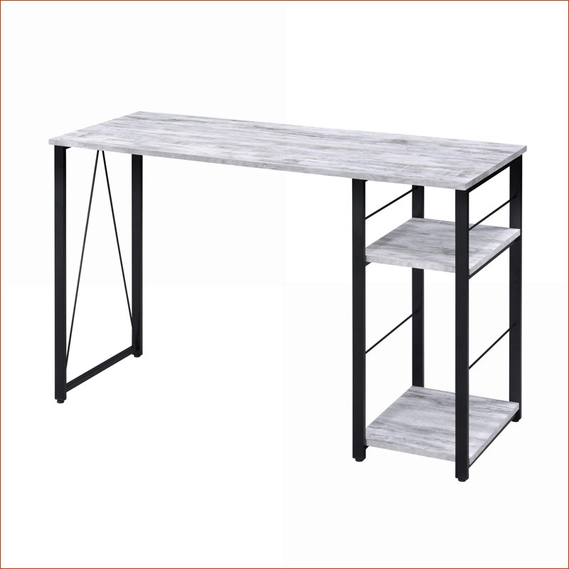 Desks, Antique White &amp; Black 2-Shelf Rectangular Writing Desk with Metal Base | Wood+Metal