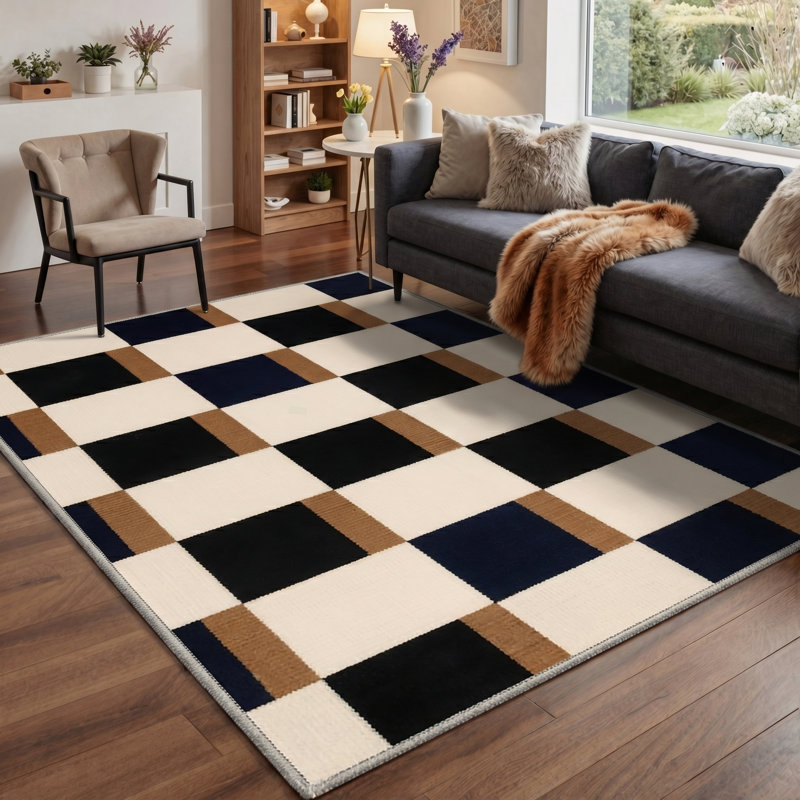 Liadan Monochrome Checkered Machine Washable Biege / Brown / Black Indoor Area Rug with Non-Slip Backing, Rectangle 9' x 12'