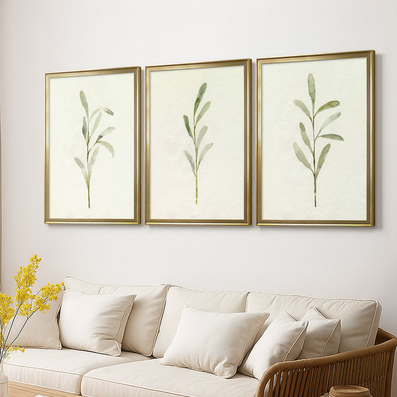 Olive Leaves I - Toile tendue avec châssis sur mesure - 3 pièces, H 30 po x l 63 po, Doré