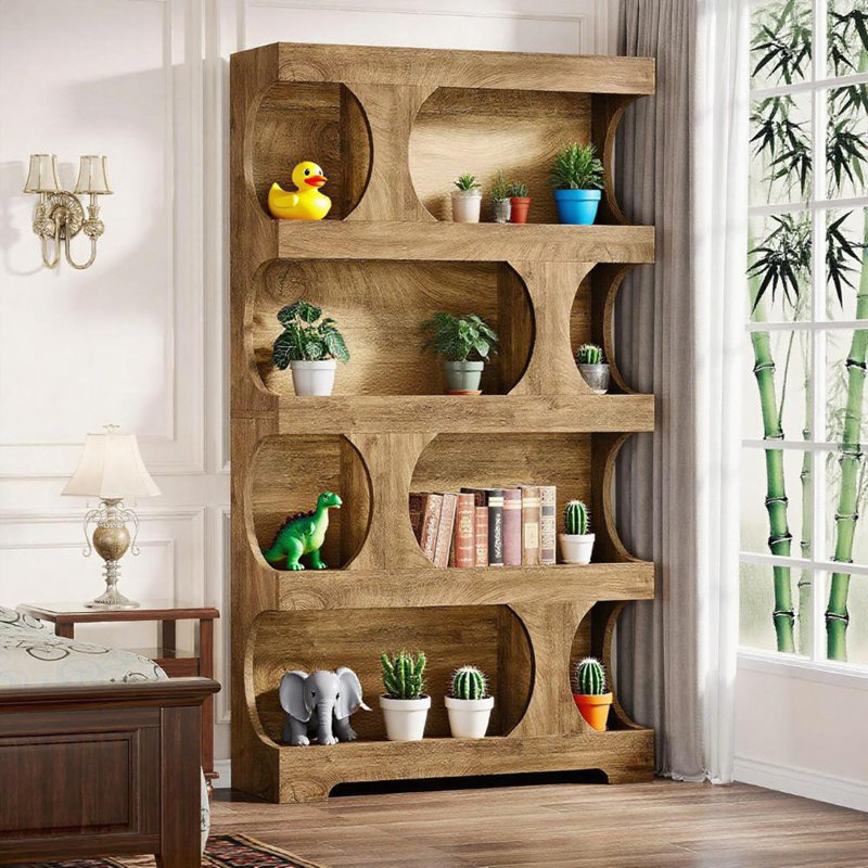 Bibliothèque à 4 niveaux en forme de S, Brun / Naturel
