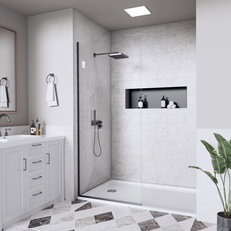 34 In. W X 74 In. Semi-Frameless Matte Black Fixed Glass Shower Door With Nano-Coated Clear Tempered Glass