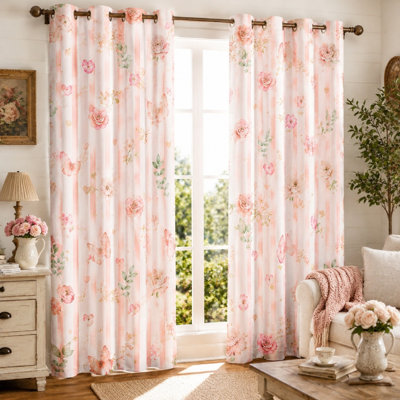 2 pièces de rideaux bloquant le soleil, des roses rétro et des rayures, un décor de chambre esthétique, filtrant la lumière pour la chambre à coucher
