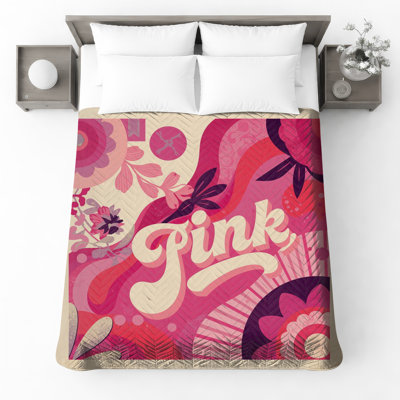 Retro Pink Flowers Quilted Bedspread All Sizes