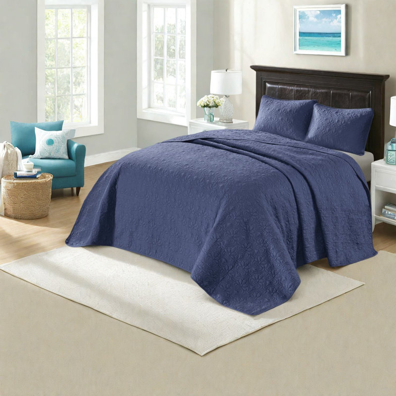 Ensembles de literie réversible bleu marine, courtepointe en coton avec taies décoratives, utilisation été comme hiver