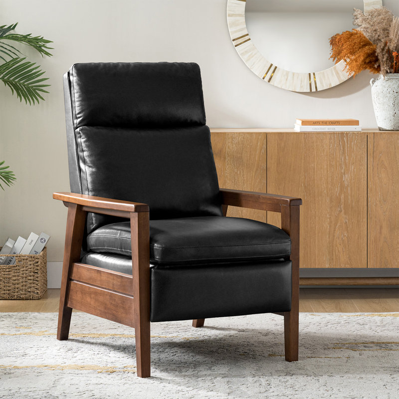 Gladys Mid-Century Modern Genuine Leather Pushback Recliner, Black
