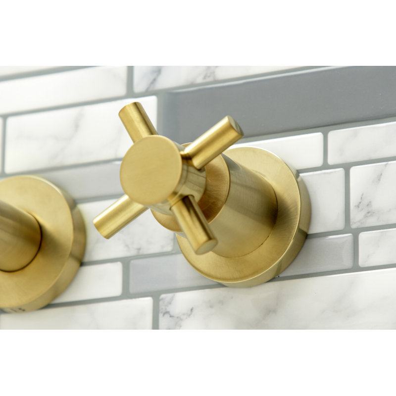 Kingston Brass Concord Two-Handle 3-Hole Wall Mount Roman Tub Faucet, Brushed Brass, Cross Handle