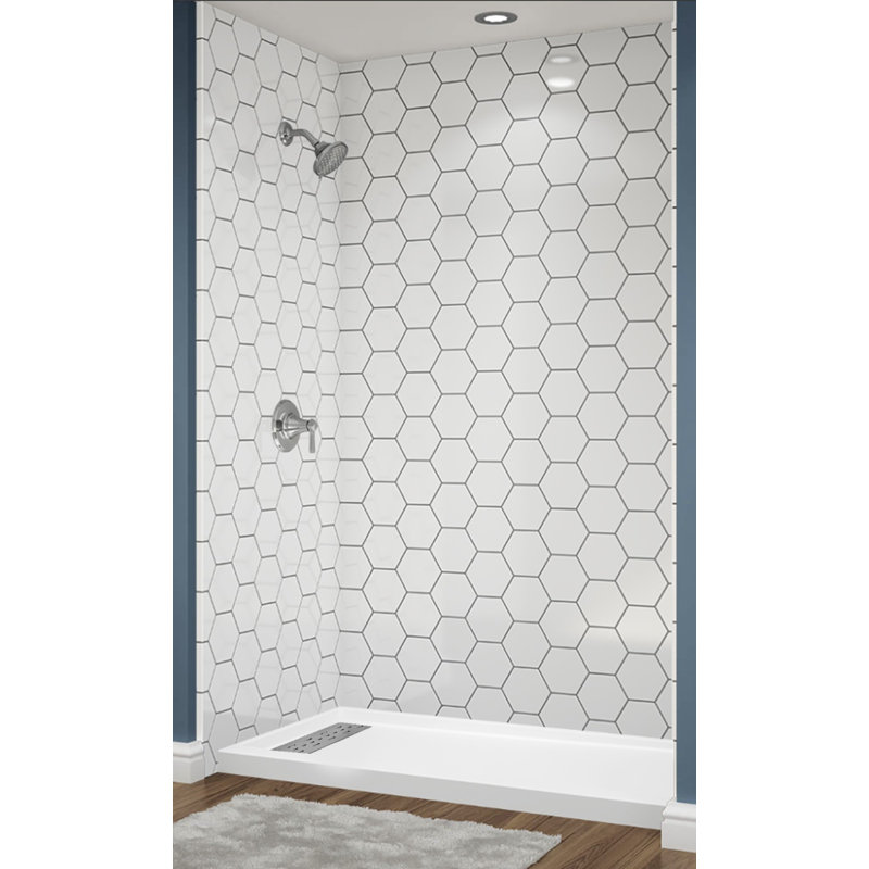Système de douche en alcôve hexagonal en acrylique blanc avec lignes de coulis argentées l 60 po x P 30 po