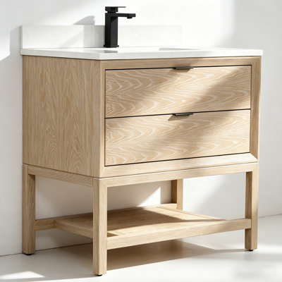 36" Freestanding Single Sink Solid wood White Washed Oak Bathroom Vanity with Engineered Marble Top
