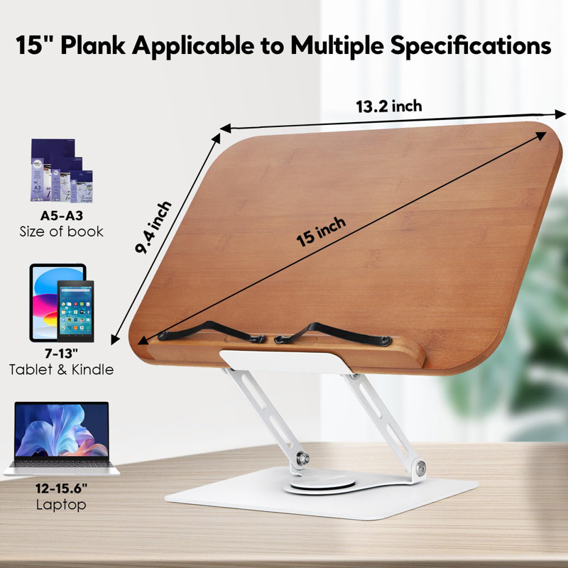 Book Stand For Reading With 360° Rotating Base, Adjustable Book Holder Cookbook Stand For Desk With Book Light, Foldable Desktop Stand For Textbook, Recipe, Sheet Music, Laptop