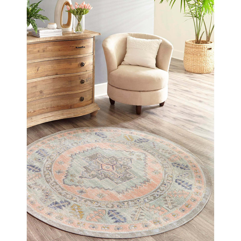 Tapis oriental rose poudré Pointe, Rond 7 pi 1 po