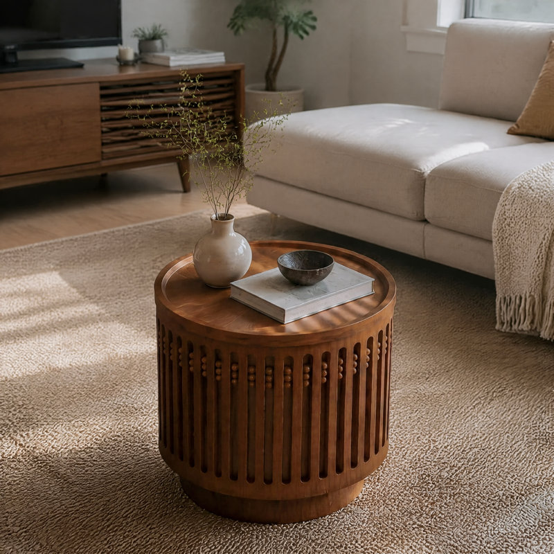 Table d'appoint ronde en bois 18,9 po, table de bout en treillis cylindrique, table basse effet bois massif Grille, table d'appoint Boho avec rangement caché pour le salon et la chambre à coucher