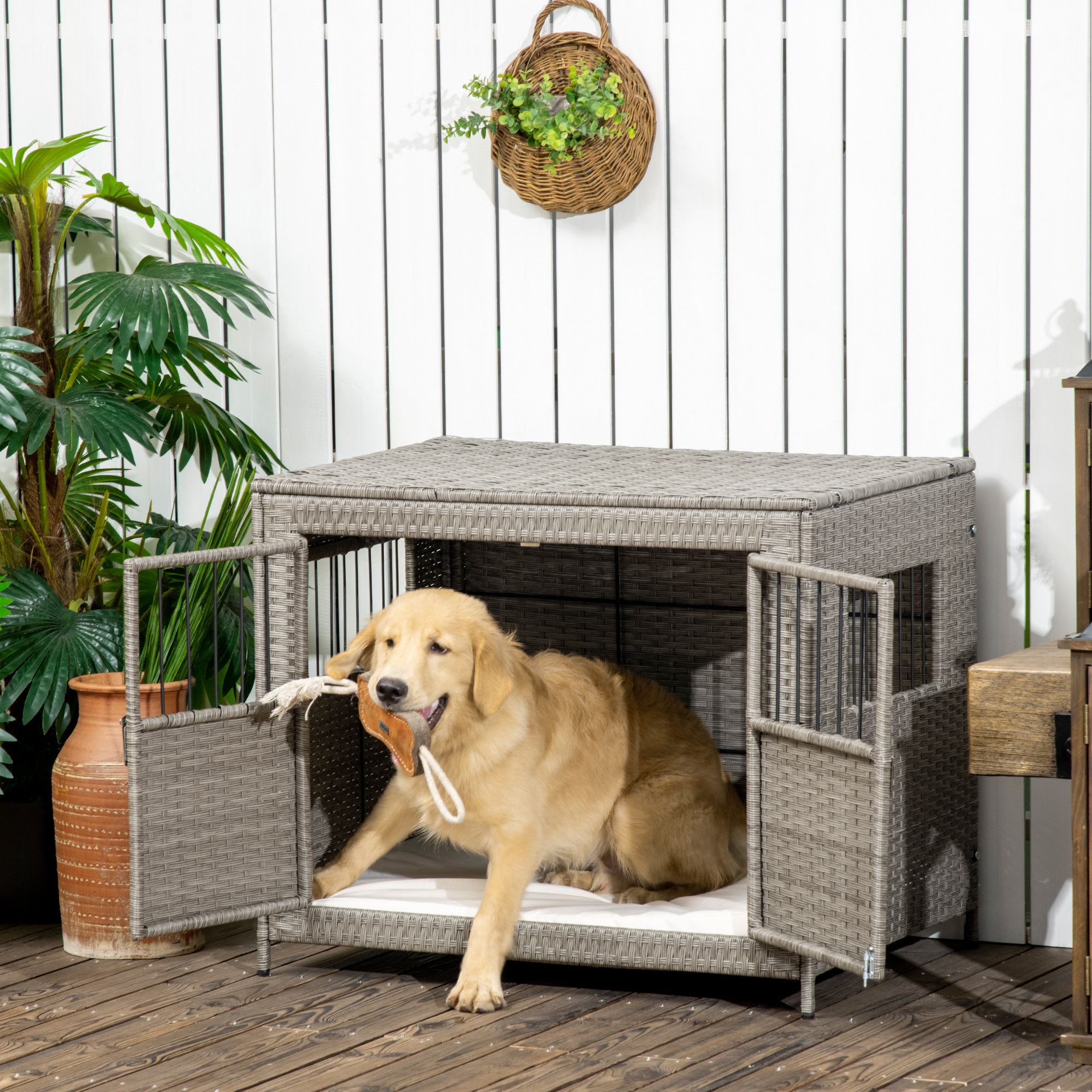 Tucker Murphy Pet™ Rattan Dog Crate with Double Doors, Wicker Dog Cage