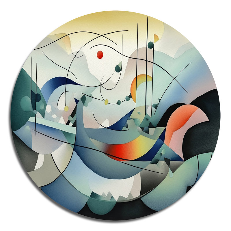 Orange And Blue Geometric Compositions - Abstract Geometric Round Wall Art on Metal, 29" H x 29" W x 1" D