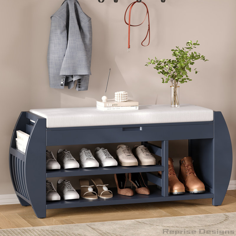 Banc de rangement rétro avec coussin Retro, Bleu marine antique