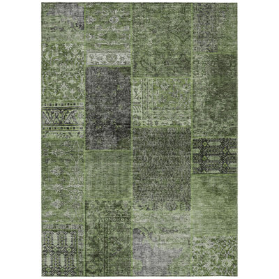 10' X 14' Olive Green And Gray Patchwork Washable Indoor Outdoor Area Rug
