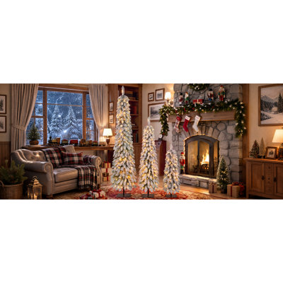 Sapins de Noël en forme de crayon, recouverts de neige floquée, socle en métal fin préilluminé, décoration rustique pour la maison
