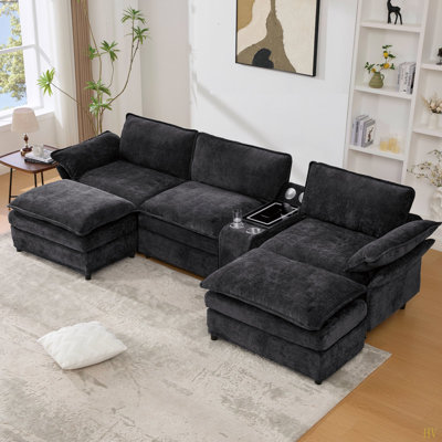 U Shaped Modular Sectional Sofa,Storage Console & Wireless Charging,2 Cup Holderstooth Speakers,2 Movable Footstools,Adjustable Handrail,Movable Seat,Chenille