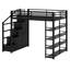 Lit mezzanine en métal avec tablettes de rangement, armoires et garde-robe
