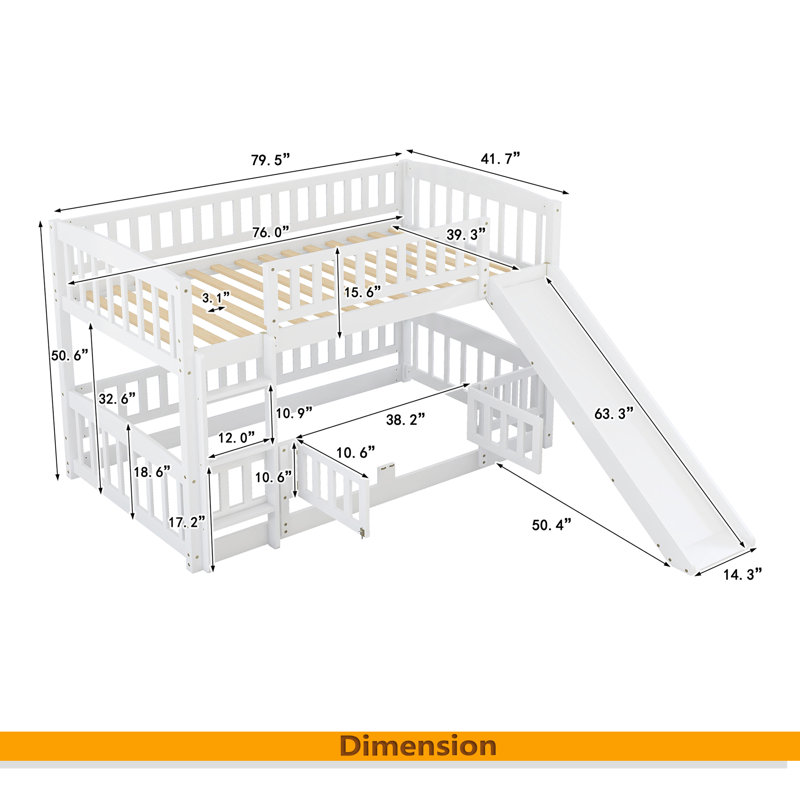 Lit superposé avec glissade, lit superposé simple au-dessus de simple avec clôture et échelle pour enfants adolescents, Blanc