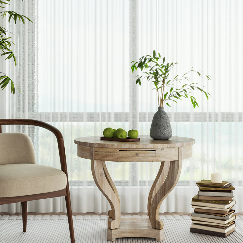 Table d'appoint ronde, style, petites dimensions, pieds incurvés, aspect bois naturel, 2 tiroirs de rangement, finition de style placage de sapin, plateau de table
