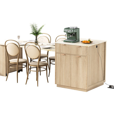 82.6" Fluted Kitchen Island With 51.1" Pull - Out Dining Table For 2 6, Two Tone Design, Side Open Shelves, Lockable Wheels, Build Large Extendable Faux Marble Top, Double Sided Drawers, Adjustable