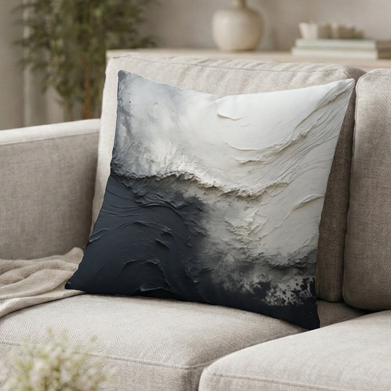 Coussin décoratif crème imprimé - Minimalisme peinture en noir et blanc Wave I, H 16 po x l 16 po